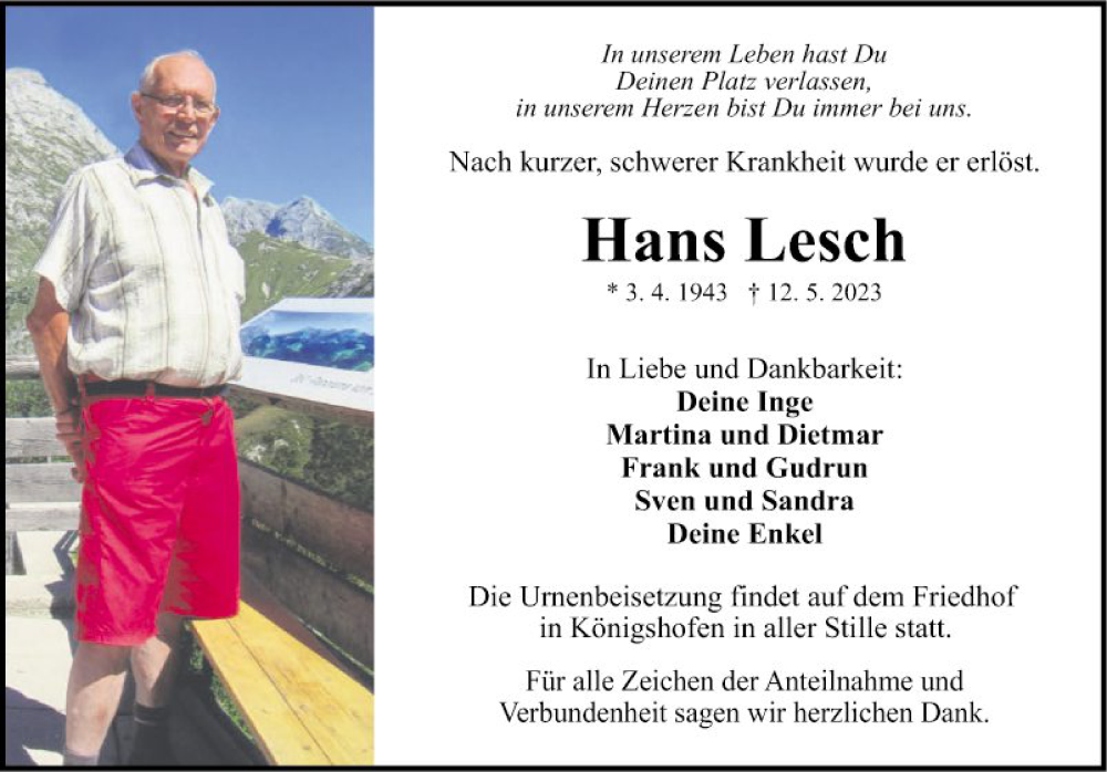  Traueranzeige für Hans Lesch vom 22.05.2023 aus Fränkische Nachrichten