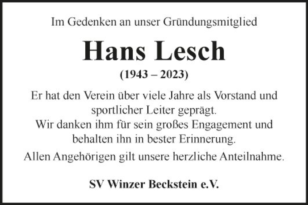  Traueranzeige für Hans Lesch vom 24.05.2023 aus Fränkische Nachrichten