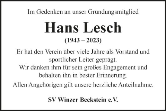 Traueranzeige von Hans Lesch von Fränkische Nachrichten