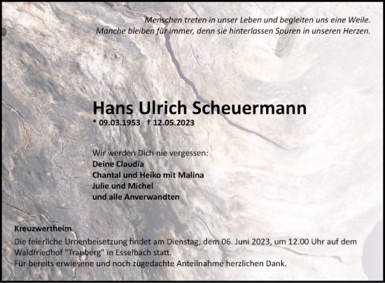 Traueranzeige von Hans Ulrich Scheuermann von Fränkische Nachrichten
