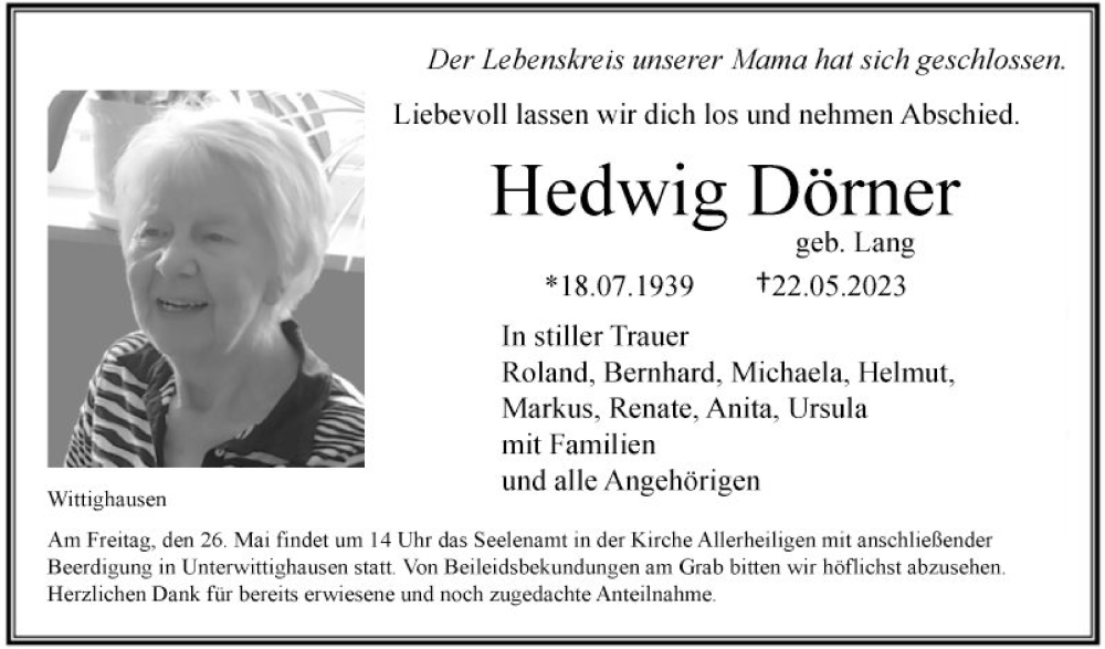  Traueranzeige für Hedwig Dörner vom 24.05.2023 aus Fränkische Nachrichten