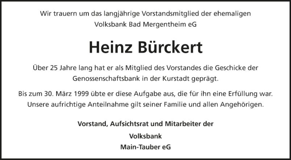  Traueranzeige für Heinz Bürckert vom 26.05.2023 aus Fränkische Nachrichten