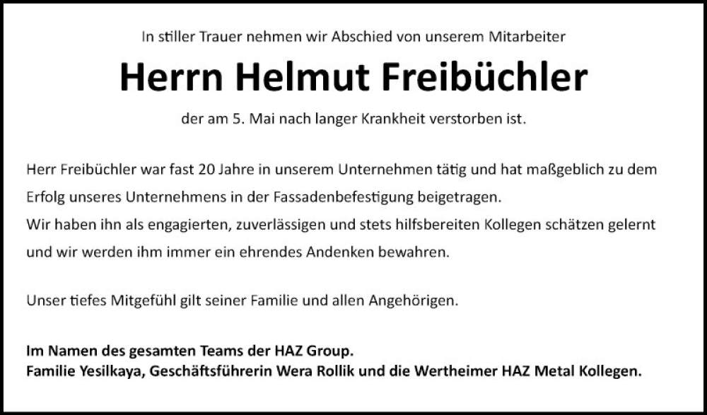  Traueranzeige für Helmut Freibüchler vom 09.05.2023 aus Fränkische Nachrichten