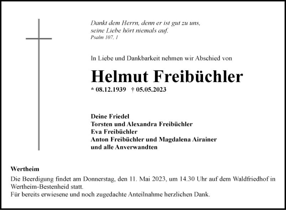  Traueranzeige für Helmut Freibüchler vom 09.05.2023 aus Fränkische Nachrichten