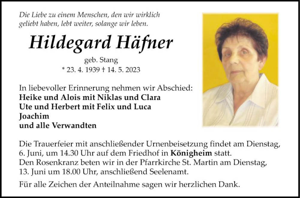  Traueranzeige für Hildegard Häfner vom 31.05.2023 aus Fränkische Nachrichten