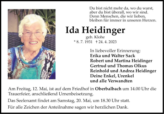 Traueranzeige von Ida Heidinger von Fränkische Nachrichten