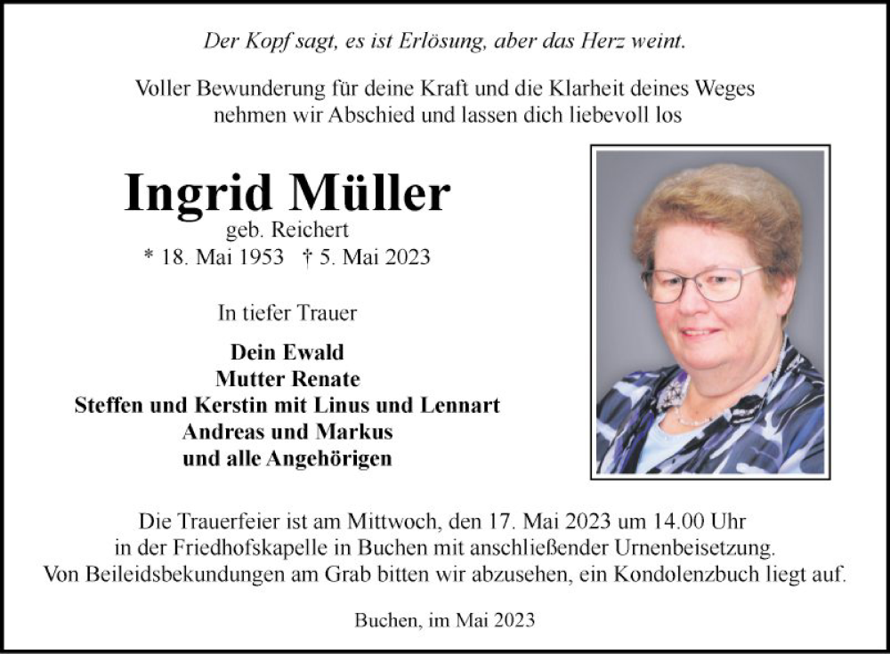  Traueranzeige für Ingrid Müller vom 13.05.2023 aus Fränkische Nachrichten
