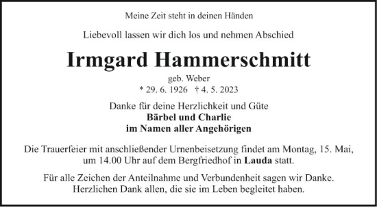 Traueranzeige von Irmgard Hammerschmitt von Fränkische Nachrichten