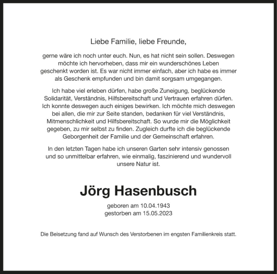 Traueranzeige von Jörg Hasenbusch von Fränkische Nachrichten