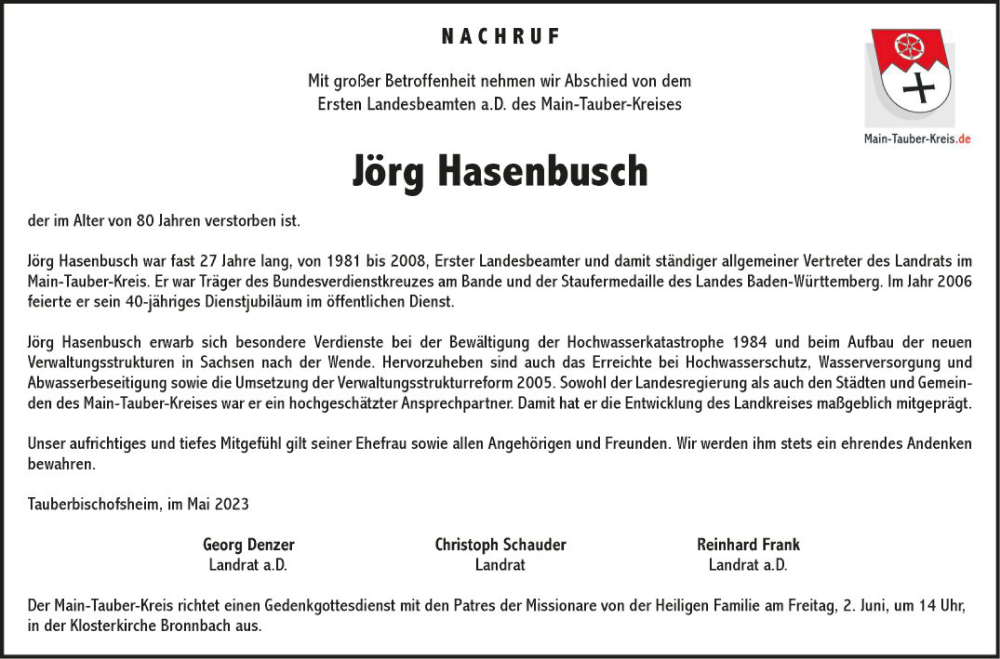  Traueranzeige für Jörg Hasenbusch vom 27.05.2023 aus Fränkische Nachrichten