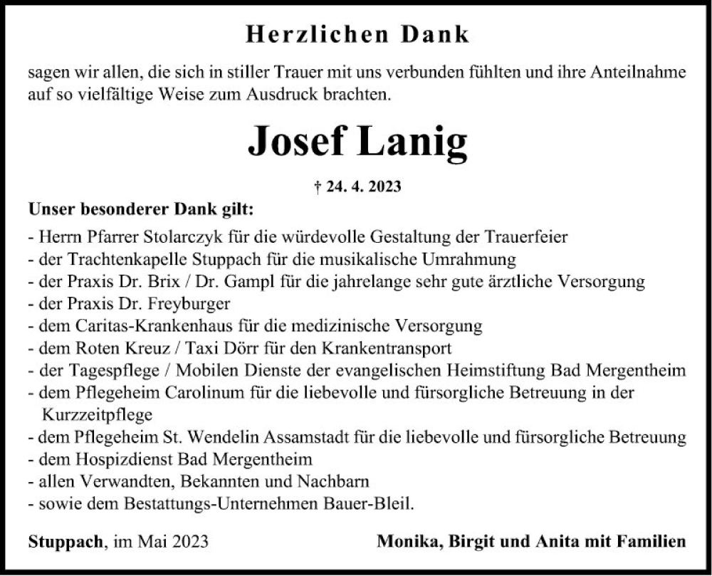  Traueranzeige für Josef Lanig vom 27.05.2023 aus Fränkische Nachrichten