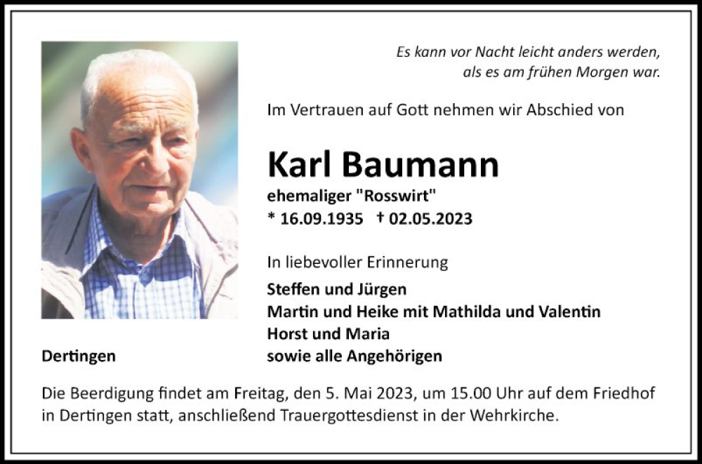  Traueranzeige für Karl Baumann vom 05.05.2023 aus Fränkische Nachrichten