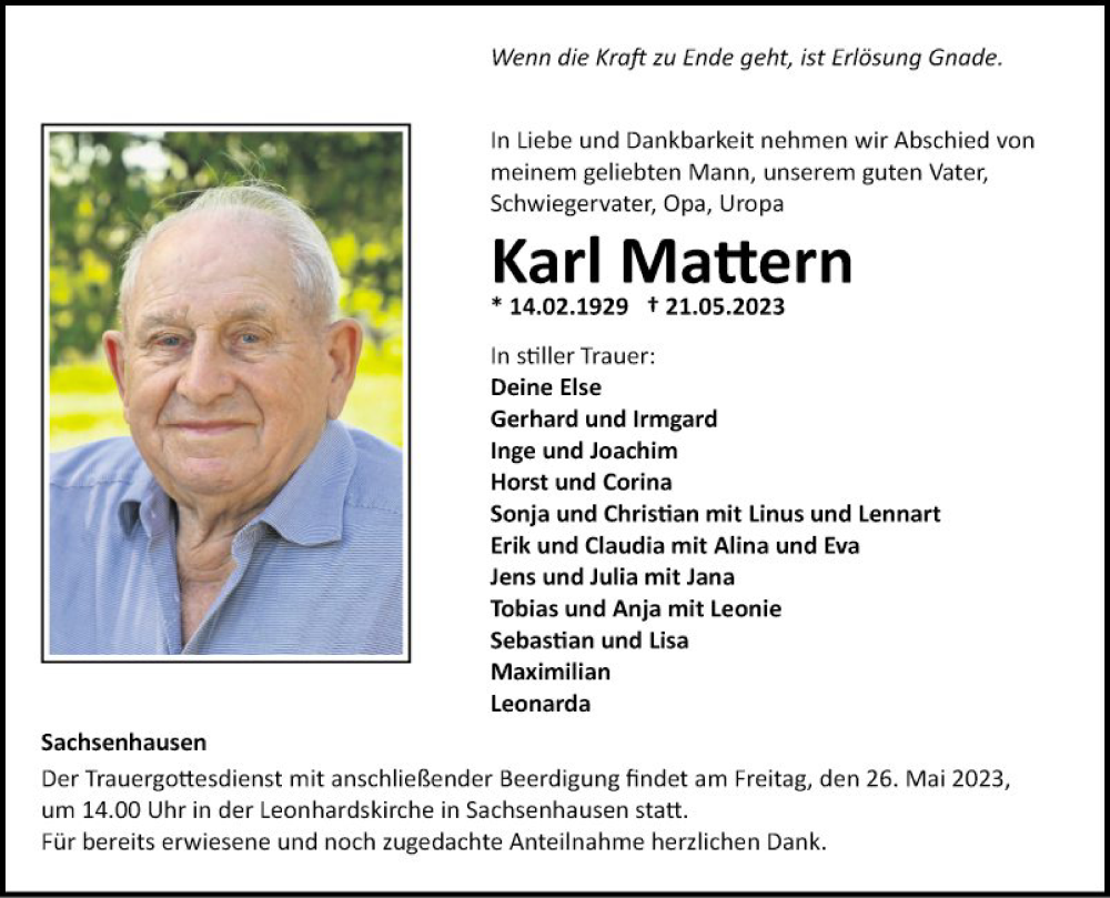  Traueranzeige für Karl Mattern vom 24.05.2023 aus Fränkische Nachrichten