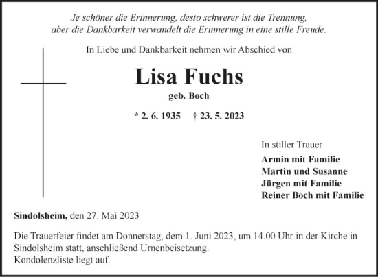 Traueranzeige von Lisa Fuchs von Fränkische Nachrichten