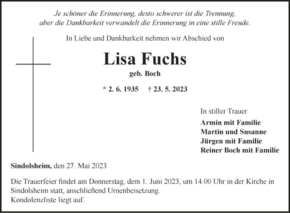  Traueranzeige für Lisa Fuchs vom 27.05.2023 aus Fränkische Nachrichten