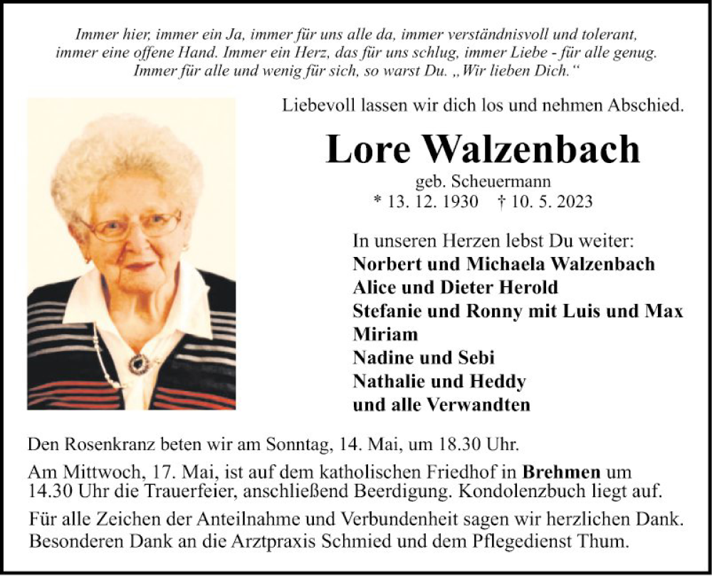  Traueranzeige für Lore Walzenbach vom 13.05.2023 aus Fränkische Nachrichten