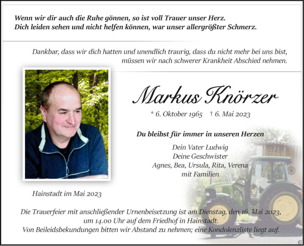  Traueranzeige für Markus Knörzer vom 13.05.2023 aus Fränkische Nachrichten