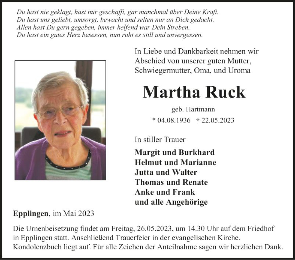 Traueranzeige für Martha Ruck vom 24.05.2023 aus Fränkische Nachrichten