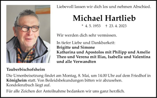 Traueranzeige von Michael Hartlieb von Fränkische Nachrichten