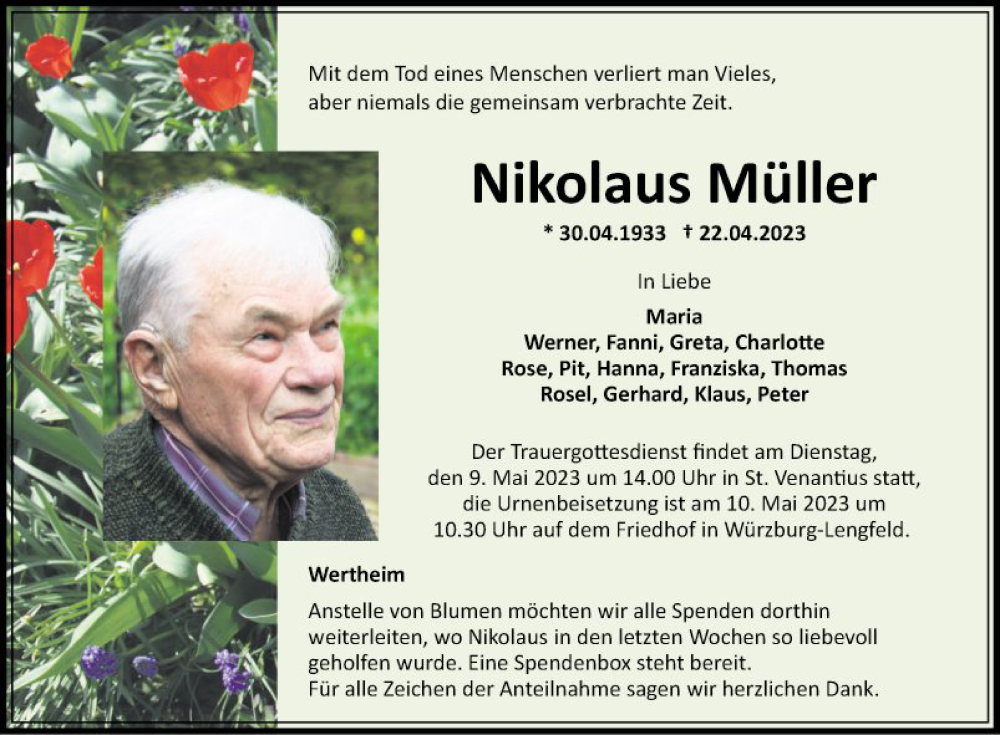 Traueranzeige für Nikolaus Müller vom 06.05.2023 aus Fränkische Nachrichten