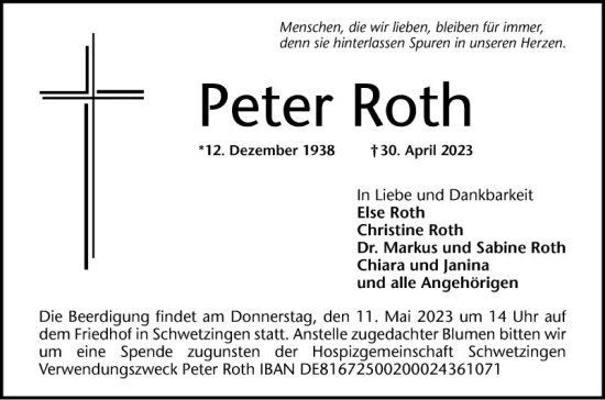 Traueranzeige von Peter Roth von Schwetzinger Zeitung