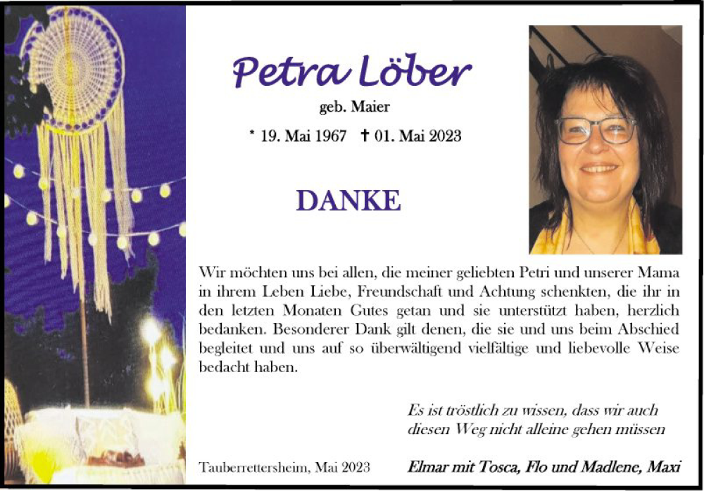  Traueranzeige für Petra Löber vom 27.05.2023 aus Fränkische Nachrichten