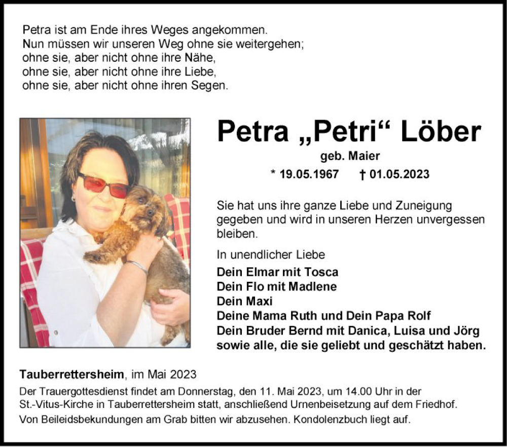  Traueranzeige für Petra Löber vom 06.05.2023 aus Fränkische Nachrichten