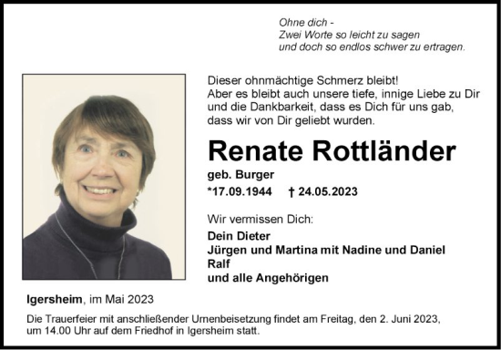 Traueranzeige von Renate Rottländer von Fränkische Nachrichten