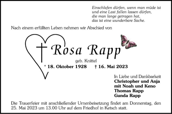 Traueranzeige von Rosa Rapp von Schwetzinger Zeitung