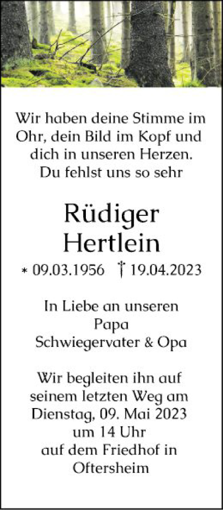  Traueranzeige für Rüdiger Hertlein vom 08.05.2023 aus Schwetzinger Zeitung