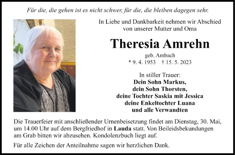  Traueranzeige für Theresia Amrehn vom 24.05.2023 aus Fränkische Nachrichten