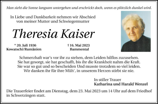 Traueranzeige von Theresia Kaiser von Schwetzinger Zeitung