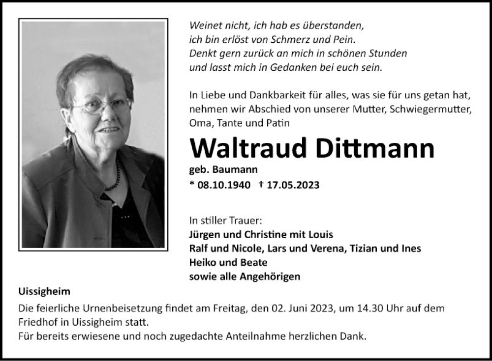  Traueranzeige für Waltraud Dittmann vom 26.05.2023 aus Fränkische Nachrichten