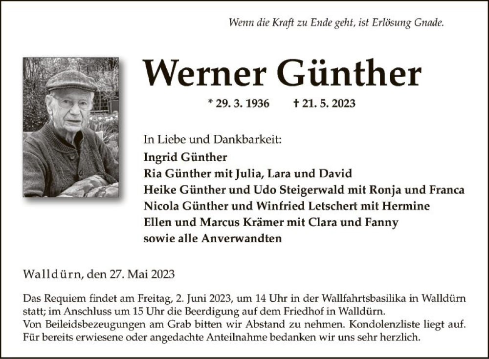  Traueranzeige für Werner Günther vom 27.05.2023 aus Fränkische Nachrichten