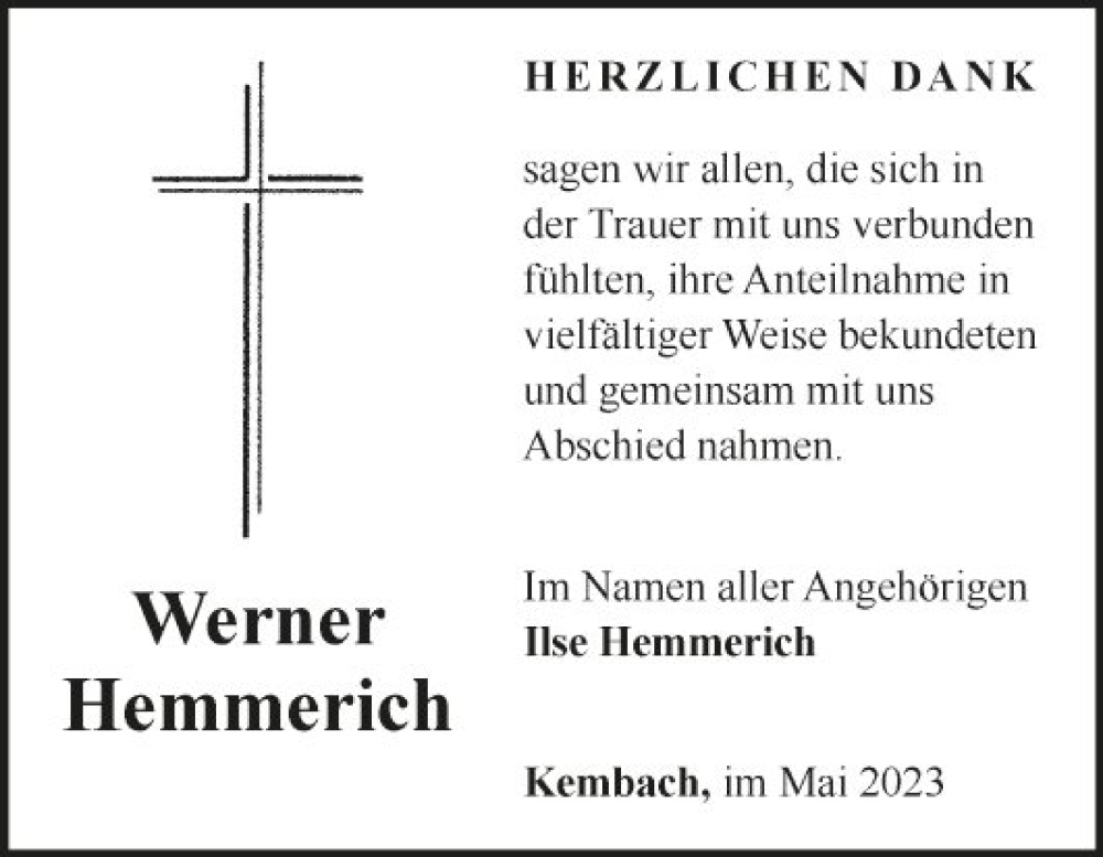  Traueranzeige für Werner Hemmerich vom 06.05.2023 aus Fränkische Nachrichten