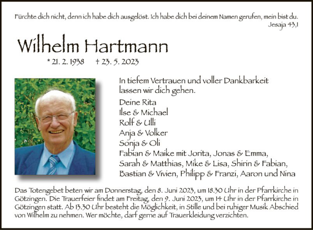  Traueranzeige für Wilhelm Hartmann vom 27.05.2023 aus Fränkische Nachrichten