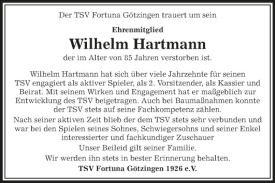 Traueranzeige von Wilhelm Hartmann von Fränkische Nachrichten