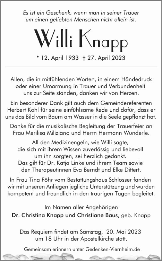 Traueranzeige von Willi Knapp von Mannheimer Morgen