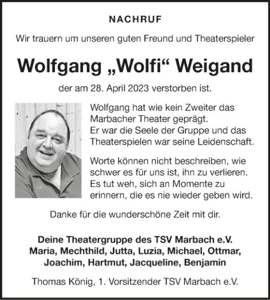 Traueranzeige von Wolfgang Weigand von Fränkische Nachrichten