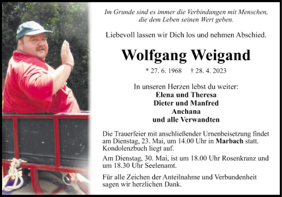 Traueranzeige von Wolfgang Weigand von Fränkische Nachrichten