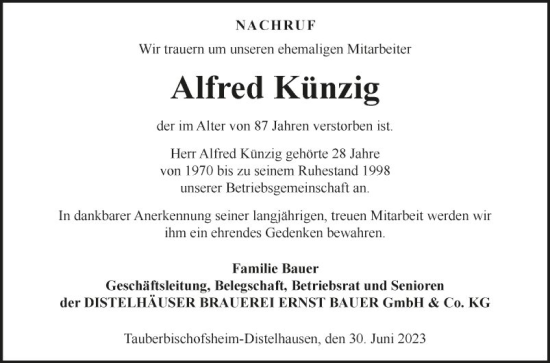 Traueranzeige von Alfred Künzig von Fränkische Nachrichten