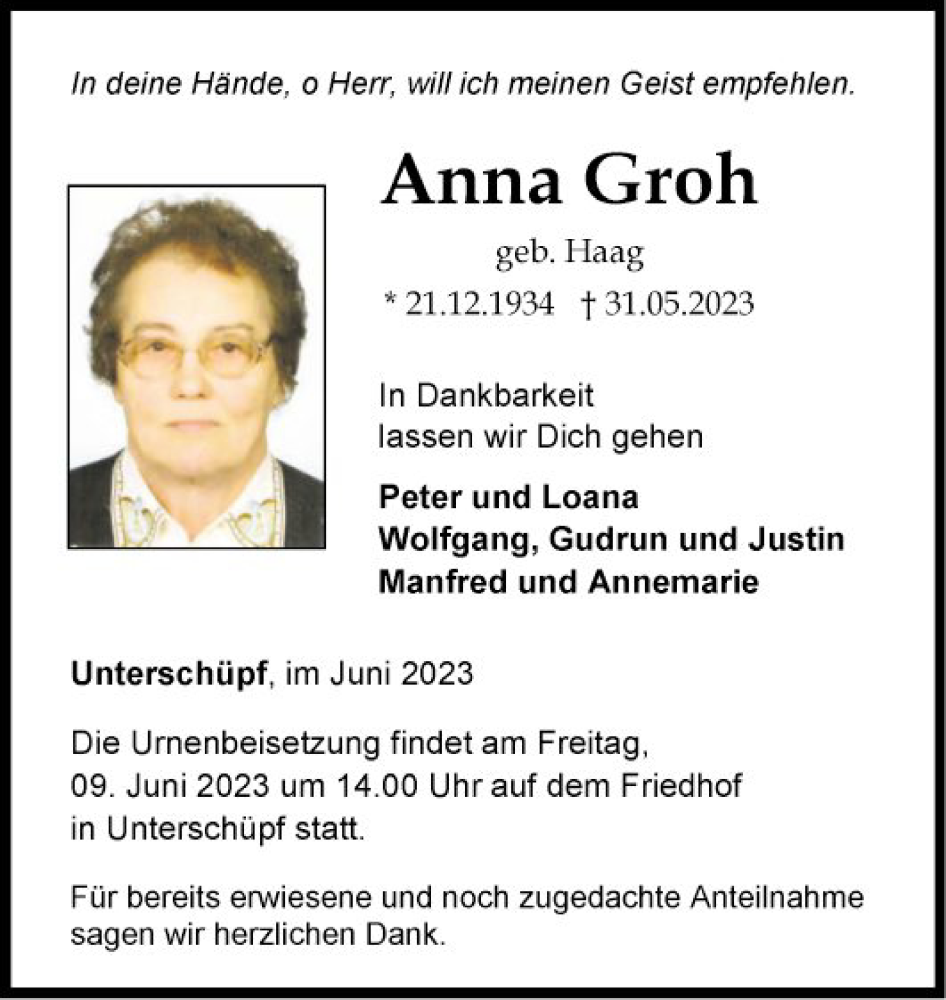  Traueranzeige für Anna Groh vom 07.06.2023 aus Fränkische Nachrichten