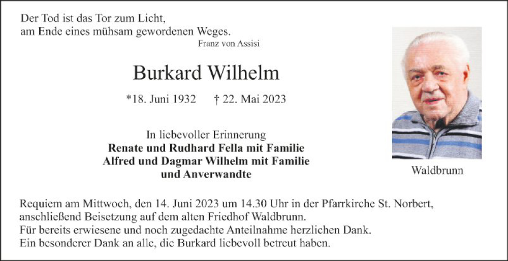  Traueranzeige für Burkard Wilhelm vom 10.06.2023 aus Fränkische Nachrichten