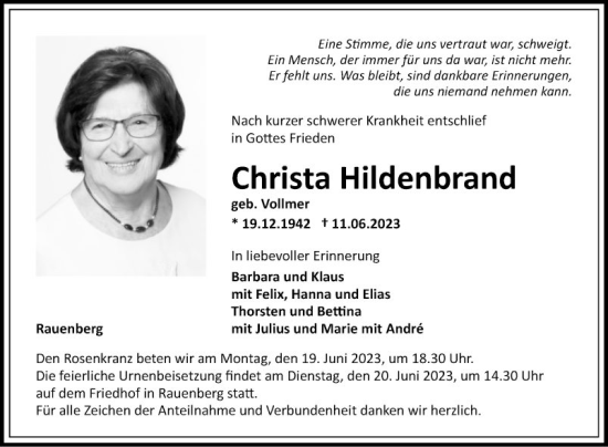 Traueranzeige von Christa Hildenbrand von Fränkische Nachrichten