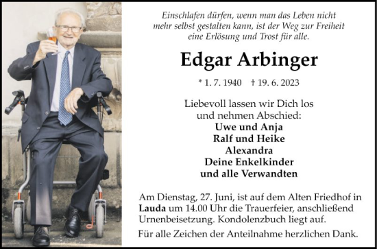 Traueranzeige von Edgar Arbinger von Fränkische Nachrichten