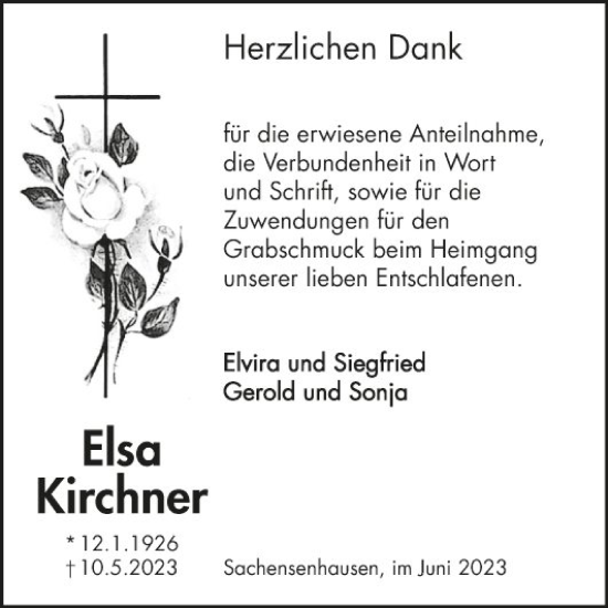 Traueranzeige von Elsa Kirchner von Fränkische Nachrichten