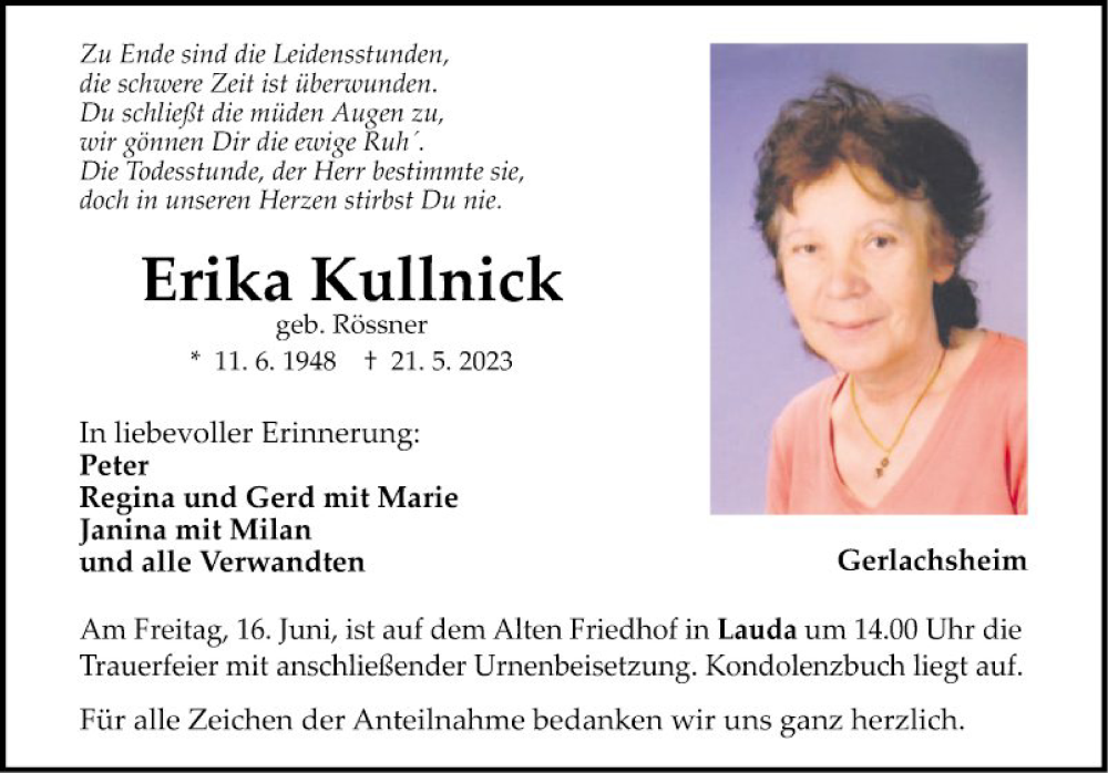  Traueranzeige für Erika Kulinick vom 10.06.2023 aus Fränkische Nachrichten