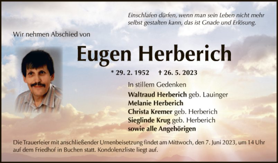 Traueranzeige von Eugen Herberich von Fränkische Nachrichten