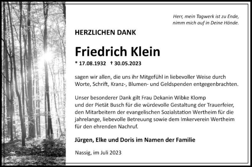  Traueranzeige für Friedrich Klein vom 01.07.2023 aus Fränkische Nachrichten