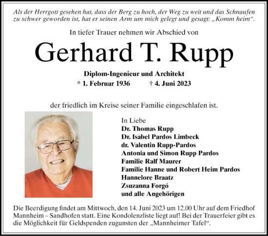 Traueranzeige von Gerhard T. Rupp von Mannheimer Morgen